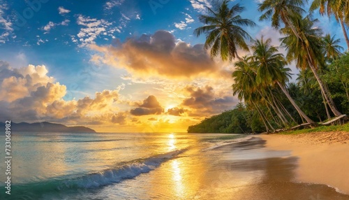 beautiful sunrise over over the sea with palm trees tropical island beach landscape exotic coast fantastic panoramic view holiday summer