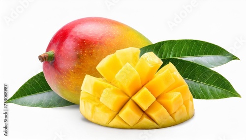 ripe mango with green leaf isolated png file