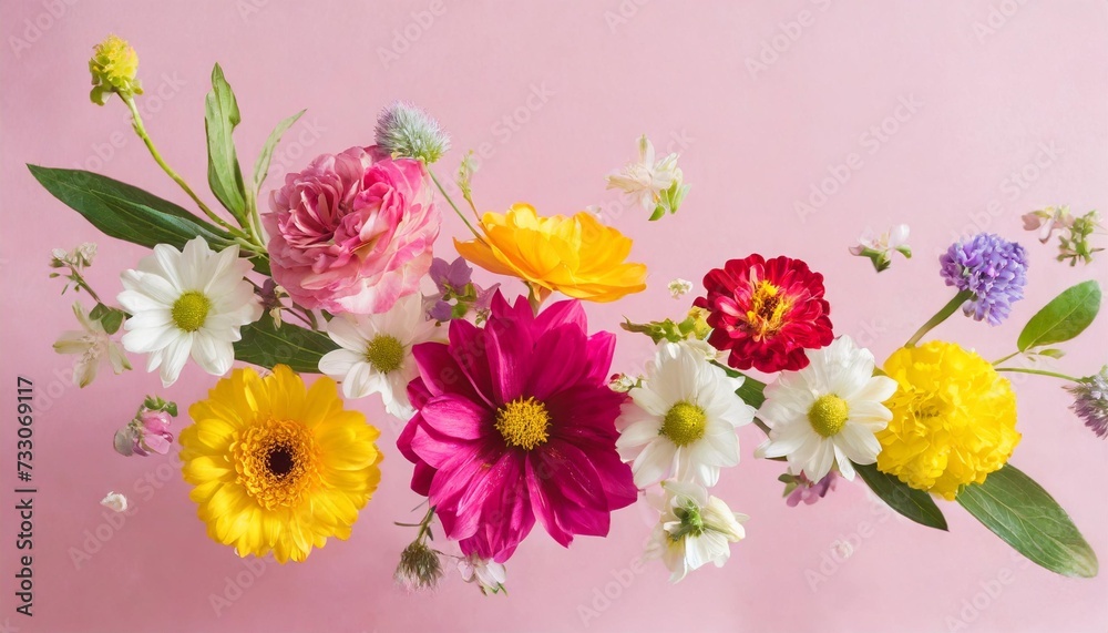 colorful spring flowers flying on a pink background summer aesthetic floral concept