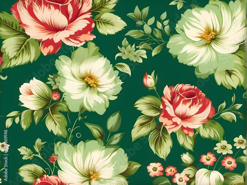Vintage Elegance: Classic Floral Wallpaper on Green Background. generative AI