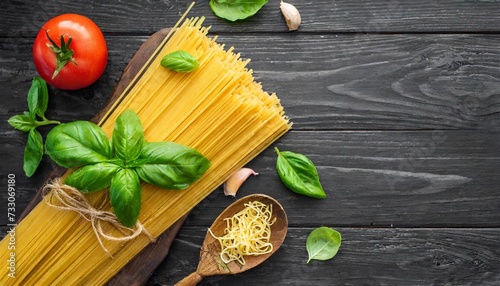 italian spaghetti basil garnish herbs on black wooden board background delicious italian pasta on dark wood table counter text copy space top down view flat lay