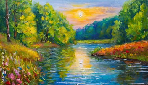 oil painting landscape colorful summer forest beautiful river © Richard