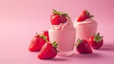 A banner with strawberry pink yogurt or ice cream in a glass and strawberries on a solid pink background.