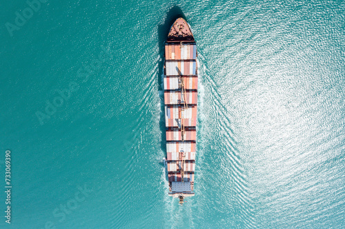 Aerial view of sea freight, Cargo ship, Cargo container in factory harbor at industrial estate for import export around in the world, Trade Port / Shipping - cargo to harbor   © AU USAnakul+