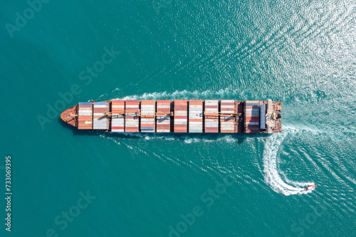 Aerial view of sea freight, Cargo ship, Cargo container in factory harbor at industrial estate for import export around in the world, Trade Port / Shipping - cargo to harbor	