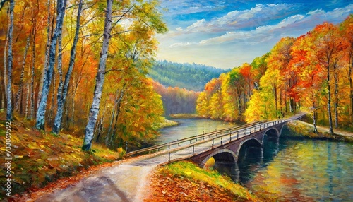 oil painting autumn forest with a road and bridge over the roa photo