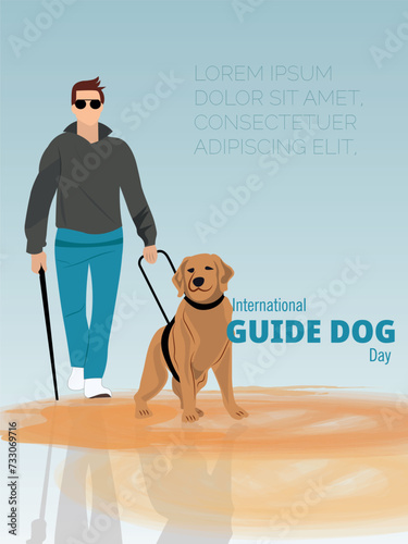 Poster for the celebration of the international guide dog day.Silhouette of dog and person walking on light colored background.