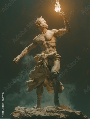 Ignite enlightenment: prometheus, the olympian god, holds fire in hands, symbolizing defiance and the gift of knowledge, a mythic embodiment of empowerment and rebellion photo