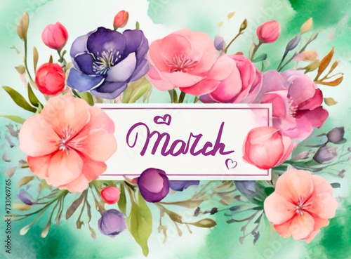 Hello March. March watercolor hand lettering text with flowers and leaves. Postcard from March 8th. Women's Day. photo