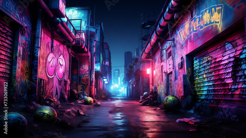 Vibrant graffiti art illuminates a dark alley with psychedelic neon colors. photo