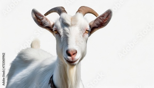 portrait of white goat standing up isolated on a white background with text space can use for advertising ads branding