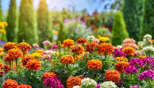 bright beautiful flower garden with tagetes and different flowers on a sunny day photo