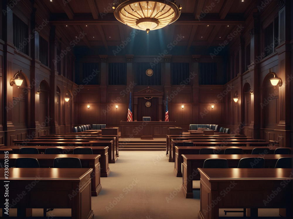 Silent Vigil: Empty Courtroom Under Nightfall. generative AI