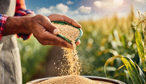 hard working hands of male farmer pouring grain photo