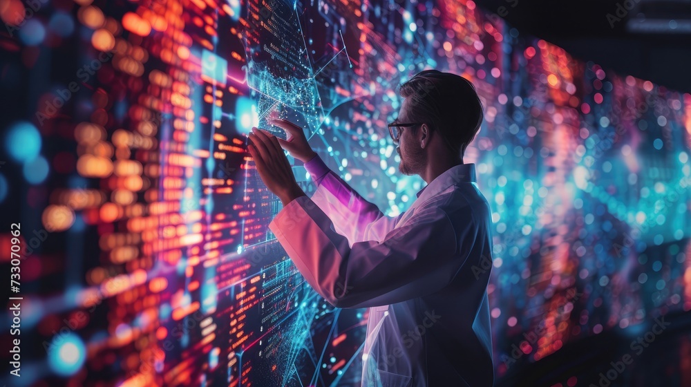 Big data technology and data science with person touching data flowing on virtual screen. Business analytics, artificial intelligence, machine learning. Engineer or scientist analyzing stream of data Big data technology and data science with person touching data flowing on virtual screen. Business analytics, artificial intelligence, machine learning. Engineer or scientist analyzing stream of data