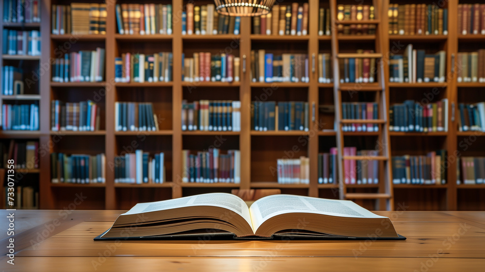Fototapeta premium Stacked books and an open book on a wooden table in a spacious library with bookshelves and natural light.