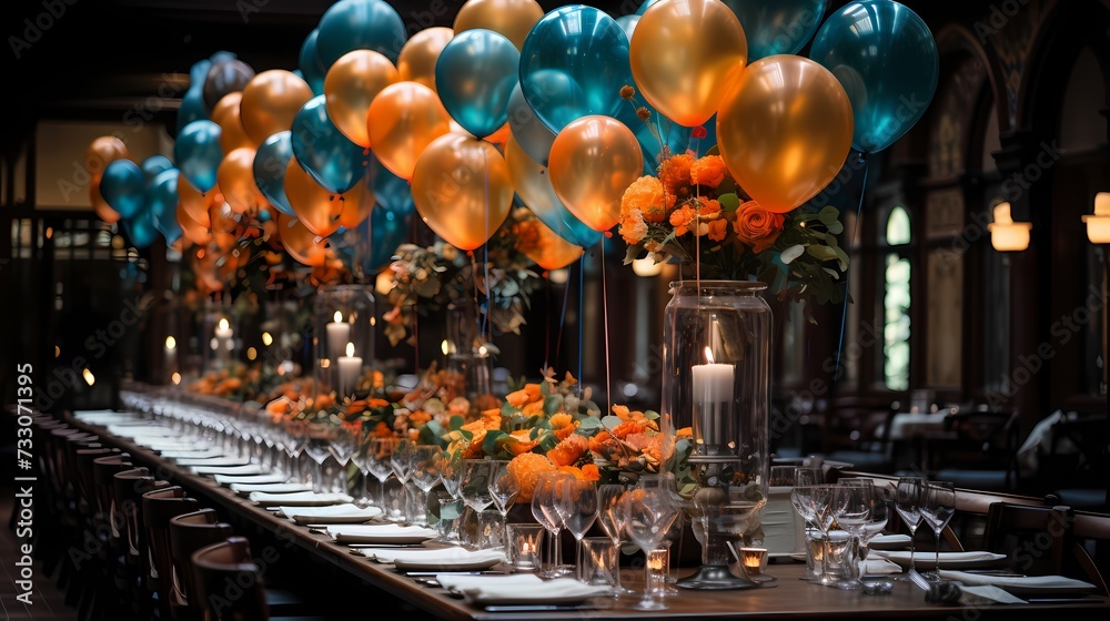 An artistic composition featuring a single giant balloon adorned with intricate patterns and vibrant colors, serving as a centerpiece for a birthday event