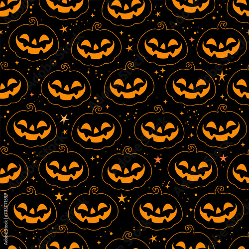 Seamless pattern of cartoon smiling halloween pumpkins