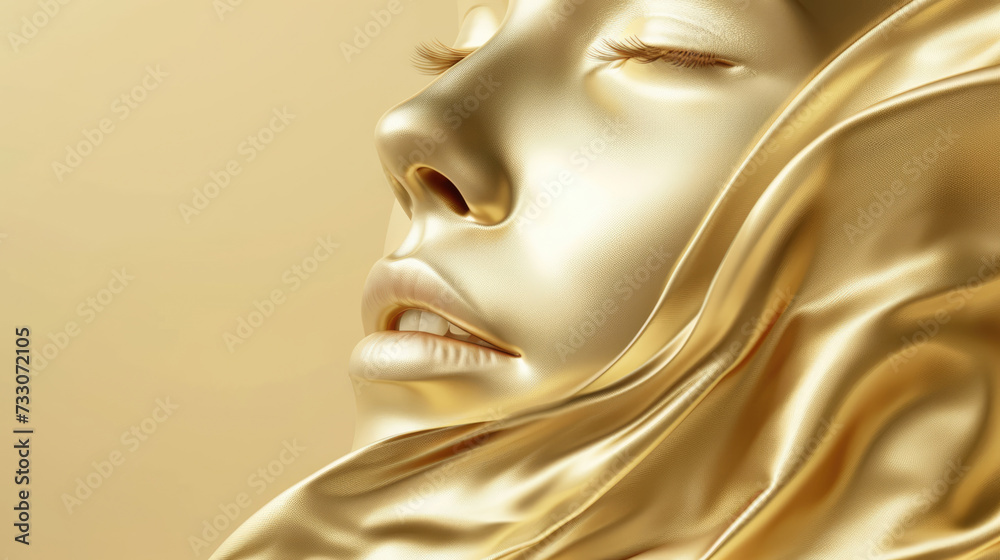 Fashionable aesthetic woman face made of golden metal texture, silky cloth in motion, on beige background with free place for text. Banner for beauty, fashion, makeup or cosmetics product