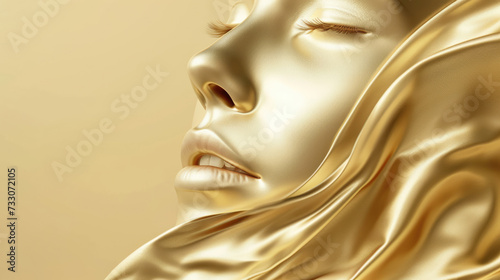 Fashionable aesthetic woman face made of golden metal texture  silky cloth in motion  on beige background with free place for text. Banner for beauty  fashion  makeup or cosmetics product