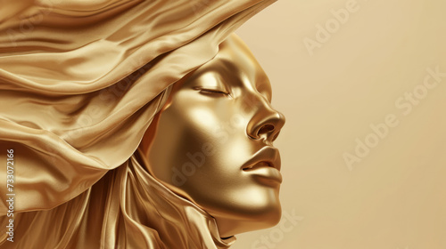 Fashionable aesthetic woman face made of golden metal texture, silky cloth in motion, on beige background with free place for text. Banner for beauty, fashion, makeup or cosmetics product