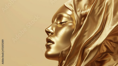 Fashionable aesthetic woman face made of golden metal texture, silky cloth in motion, on beige background with free place for text. Banner for beauty, fashion, makeup or cosmetics product