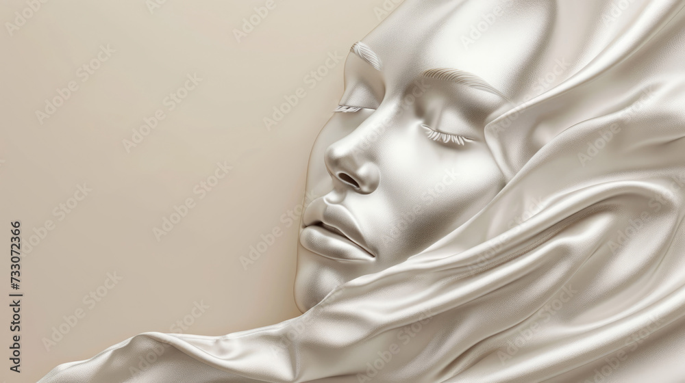 Fashionable aesthetic woman face made of silver metal texture, silky cloth in motion, on beige background with free place for text. Banner for beauty, fashion, makeup or cosmetics product. Fashionable aesthetic woman face made of silver metal texture, silky cloth in motion, on beige background with free place for text. Banner for beauty, fashion, makeup or cosmetics product.