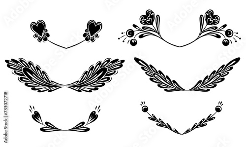 Vector festive set of monochrome floral frames. Decorative folk art cliparts with black flowers, hearts and stems with foliage