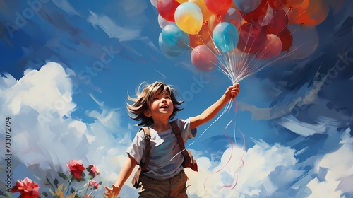 An artistic composition featuring a child releasing a bouquet of balloons, their laughter echoing through the air as the balloons soar higher and higher