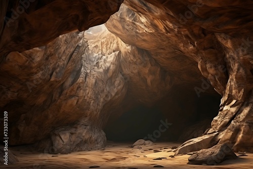 AI generated illustration of an open cave entrance illuminated by a warm, natural light