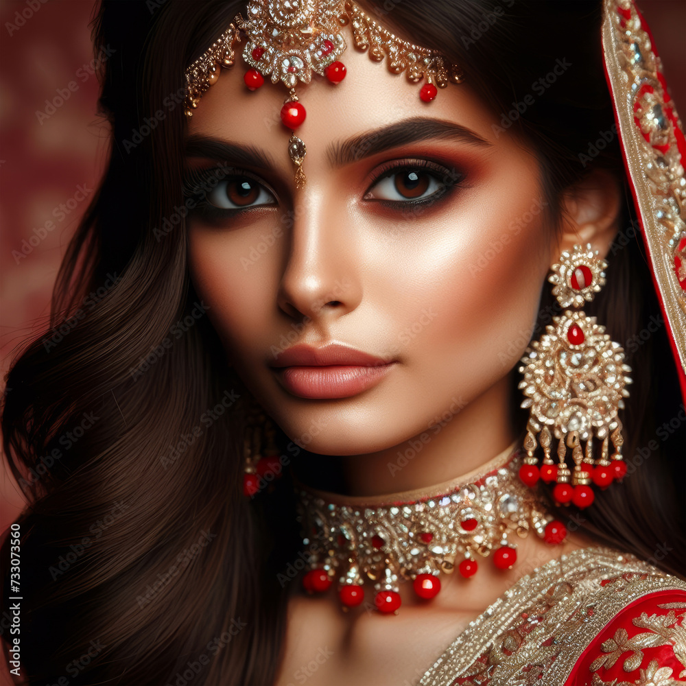 Exquisite Indian Bride Adorned in Traditional Attire and Glittering Jewelry Exquisite Indian Bride Adorned in Traditional Attire and Glittering Jewelry