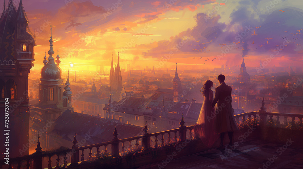 Obraz premium couple in the morning, looking forward to the roofs of city, Couple Overlooking a Historic City at Sunset