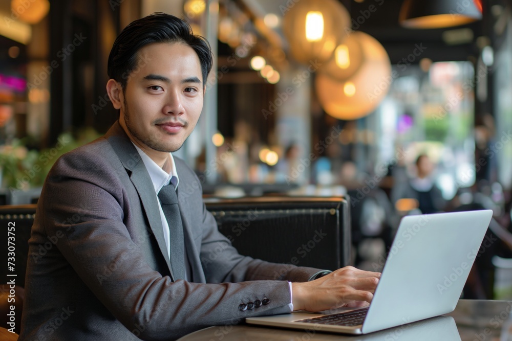  Businessman sitting in a coffee shop working with laptop. Business travel concept