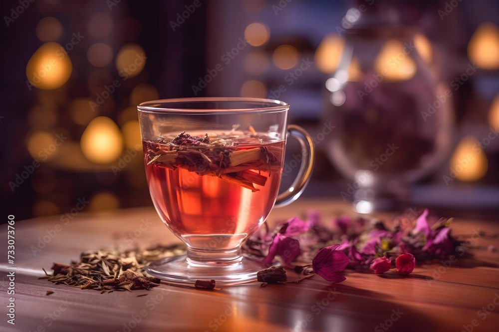 AI generated illustration of A clear glass filled with a warm amber-colored tea AI generated illustration of A clear glass filled with a warm amber-colored tea