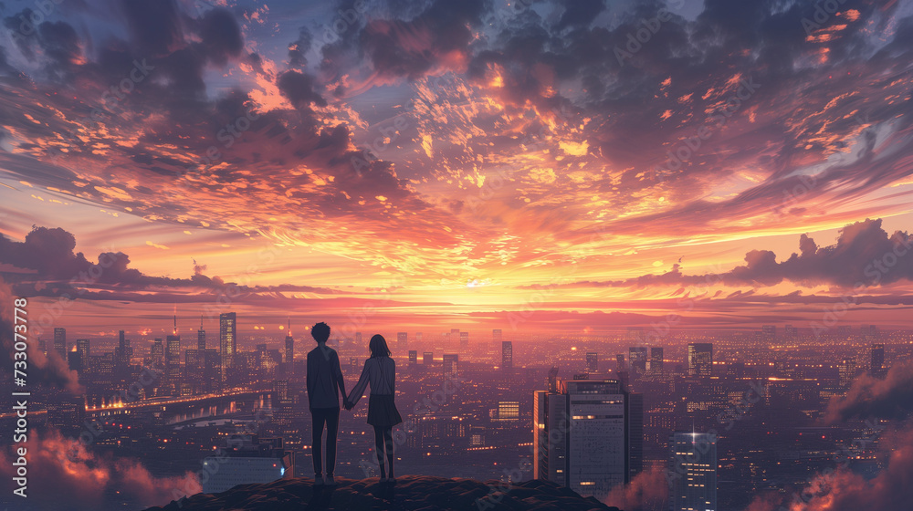 couple in the morning, looking forward to the roofs of city, Cityscape at Sunset with Embracing Couple