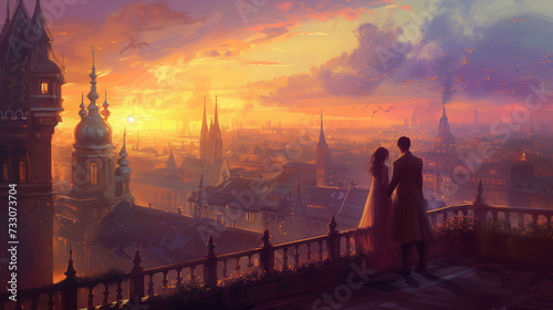 couple in the morning, looking forward to the roofs of city, Couple Overlooking a Historic City at Sunset
