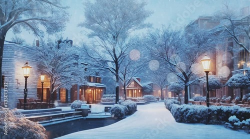winter landscape in the village. Ilustrasion Style. 4k Video Animation.  photo