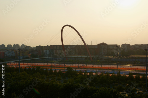TURIN, ITALY - 14 SEP 2019: Impressive arch bridge for pedestrians in Turin