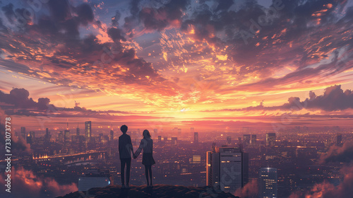 couple in the morning, looking forward to the roofs of city, Cityscape at Sunset with Embracing Couple