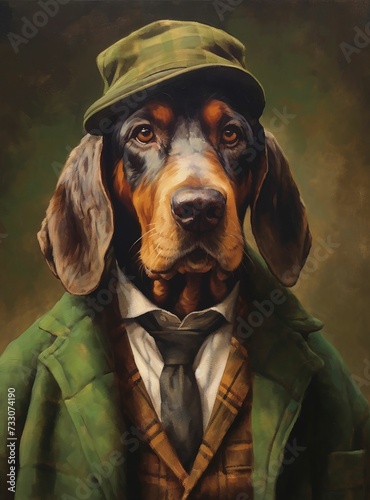 AI generated illustration of a brown dog wearing a green hat and vest