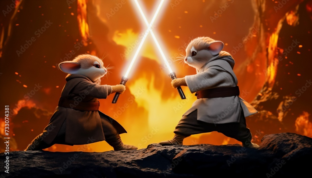 two animated characters playing with two swords in front of a giant fire
