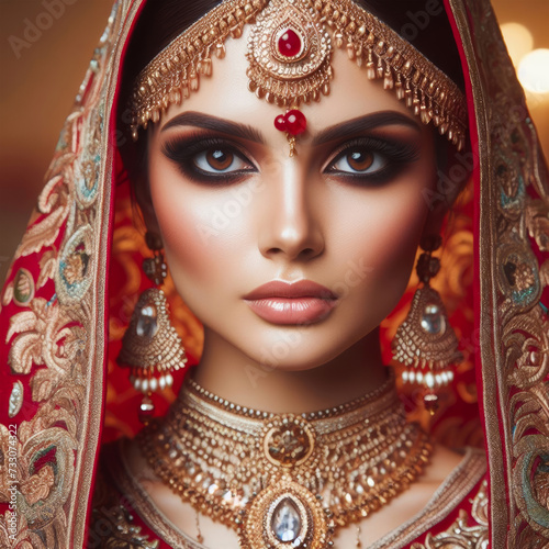 Exquisite Indian Bride Adorned in Traditional Attire and Glittering Jewelry