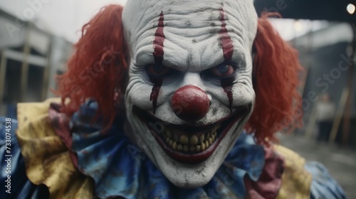 Menacing clown with a red nose and sinister smile in a frightening atmosphere. Ai generated photo