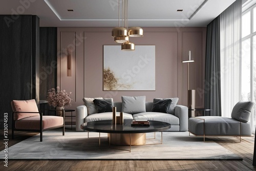 AI generated illustration of a modern-style living room located in a luxury apartment © Wirestock