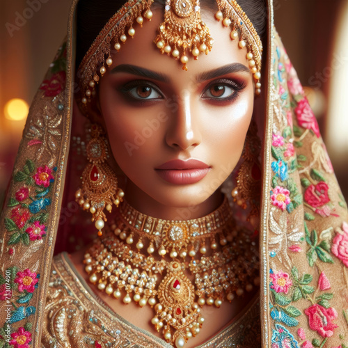 portrait of a indian bride in traditional wear with jewellery