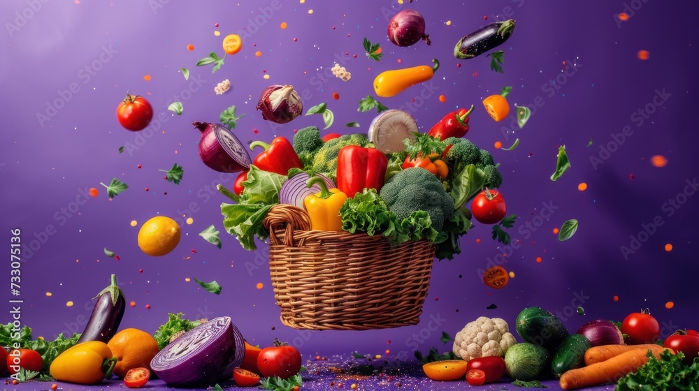Various vegetables in a basket on a purple background Many vegetables and healthy food ideas Various vegetables in a basket on a purple background Many vegetables and healthy food ideas