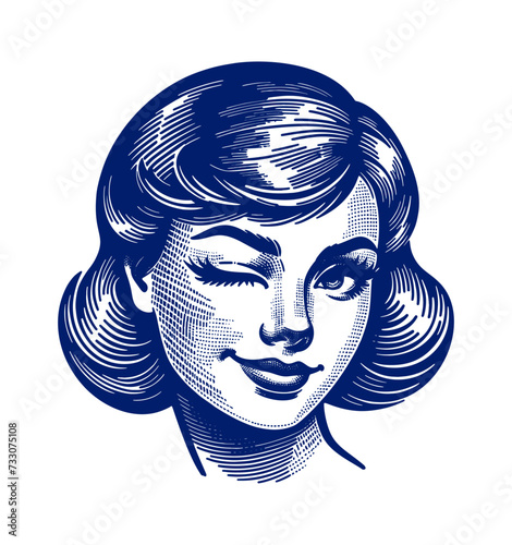 Retro Girl Winks. Vintage woodcut engraving style vector illustration isolated on white.