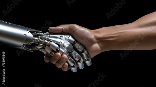 a hand shaking with a robotic arm on a black background