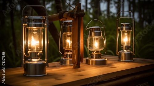 AI generated illustration of lanterns sitting atop a rustic wooden table, emitting a yellow light