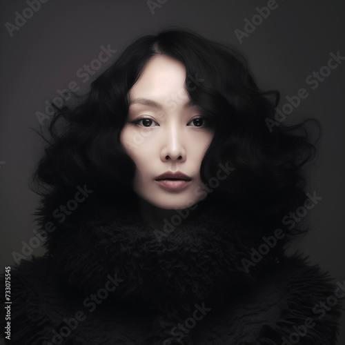 Asian woman lady dark background dark black curly hair